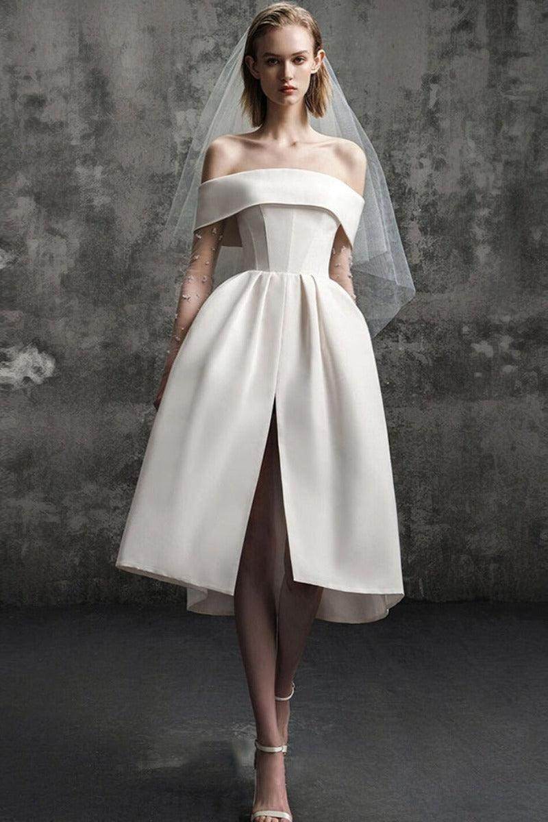 A-Line Tea Length Satin Wedding Dress 796475057645 - COCOMELODY